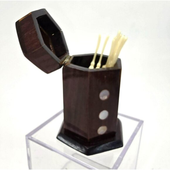 Wooden Toothpick Holder With Mother Of Pearl Inlay & 6 Plastic Fork Picks JE263 - Picture 4 of 6